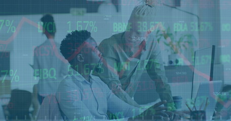 Image of financial graphs and data over diverse male coworkers in office