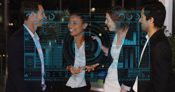 Image of data processing over diverse business people at meeting