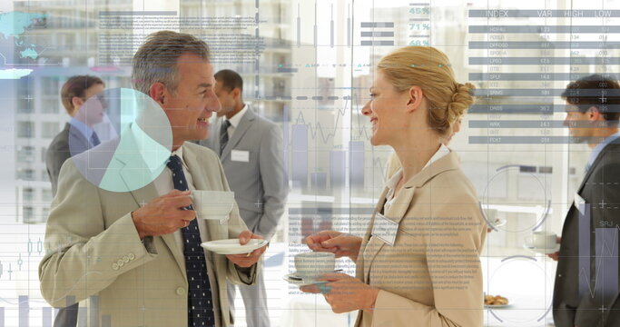Image of data processing over diverse business people at office - Powered by Adobe
