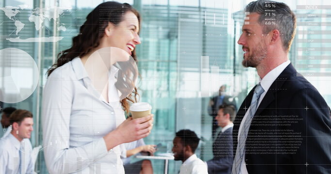 Image of data processing over diverse business people at office