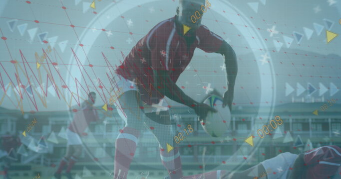 Image of data processing and scope scanning over diverse rugby players at stadium