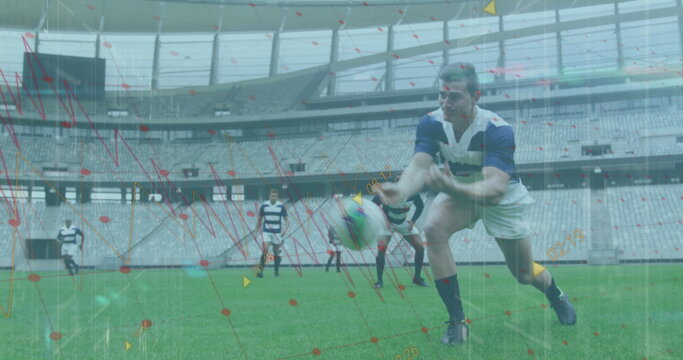 Image of data processing over diverse rugby players at stadium