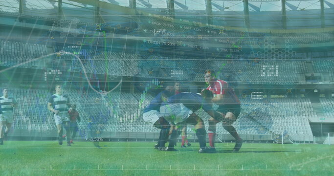 Image of data processing over diverse rugby players at stadium