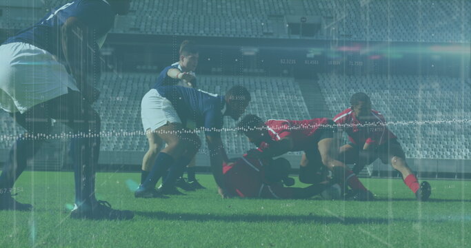 Image of data processing and rugby players over sports stadium