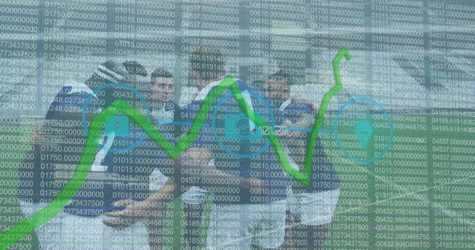 Image of data processing and icons over diverse rugby players at stadium