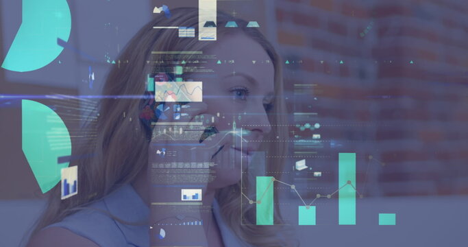 Image of data processing over caucasian businesswoman talking on smartphone - Powered by Adobe