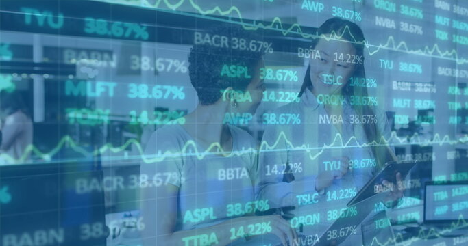 Image of financial graphs and data over diverse female coworkers in office - Powered by Adobe