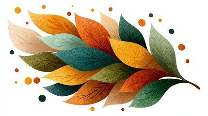 A cluster of colorful autumn leaves in various shades with dotted accents on a white background.