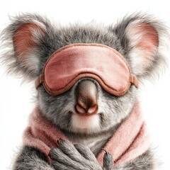 Cute koala wearing a pink sleep mask and scarf, appearing cozy and ready for rest against a white background.
