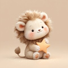 A cute, fluffy baby lion holding a yellow star, sitting against a soft beige background.