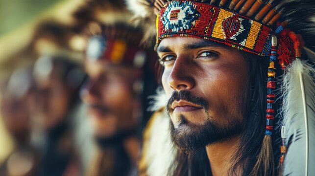 Native American man in traditional headdress, portrait, blurred background, cultural display