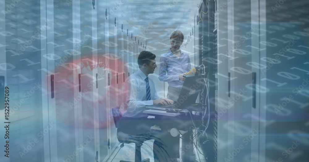 Poster image of binary code and eye scanning over caucasian men checking servers