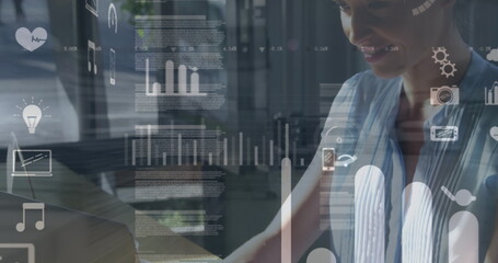 Image of data processing over caucasian woman using laptop