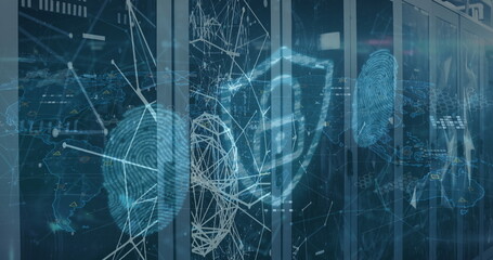 Image of digital shield with padlock and connections over servers