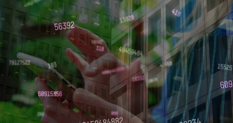 Image of data processing over caucasian woman using smartphone