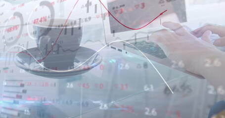 Image of data processing over hands using laptop