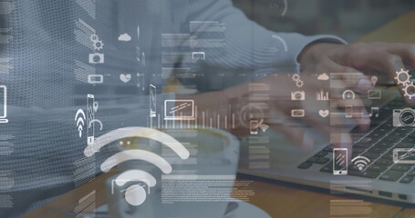 Image of data processing over caucasian man using laptop