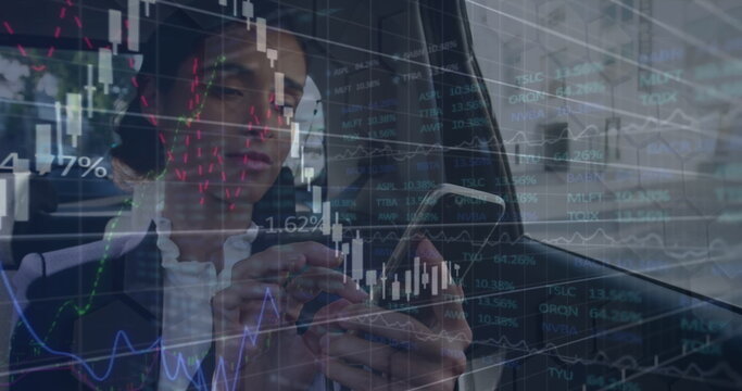 Image of data processing over caucasian businesswoman using smartphone