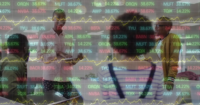 Image of financial data and graphs over diverse businesspeople in office