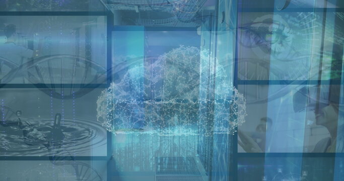 Image of digital clouds and data on screens over blue background