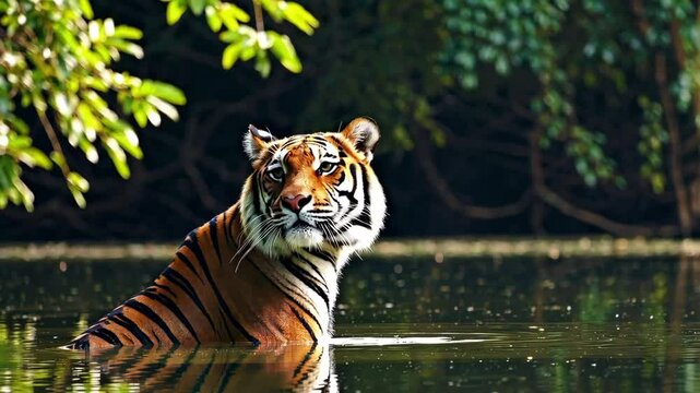 Royal Bengal tiger standing in calm water with reflection surrounded by dense green forest

