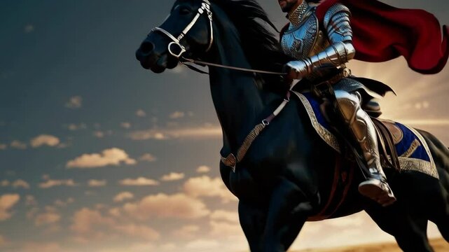 Indian prince in shining armor galloping on black horse across golden battlefield at sunset

