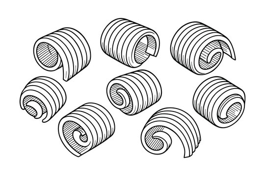 Detailed vector drawing of butter curls. Features dairy product in a clean outline style.