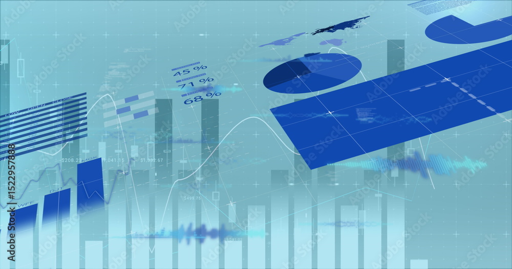 Poster image of digital computer language and graphical various charts moving on abstract background
