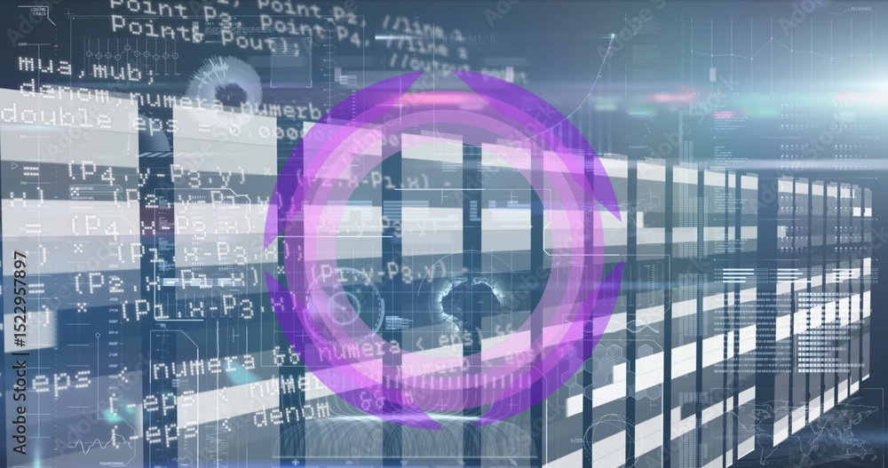 Poster Image of purple circle moving against digital interface with programming codes and graphs
