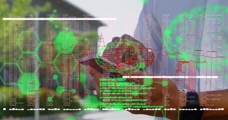 Image of scientific data over hands of caucasian man using smartphone