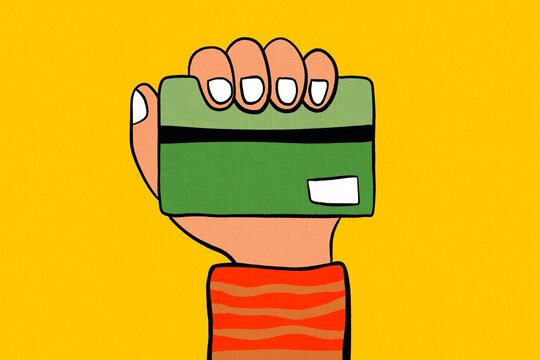 Hand holding a green credit card illustration