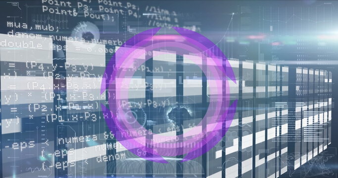 Naklejki Image of purple circle moving against digital interface with programming codes and graphs