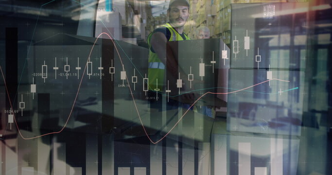 Image of graphs over caucasian male warehouse worker