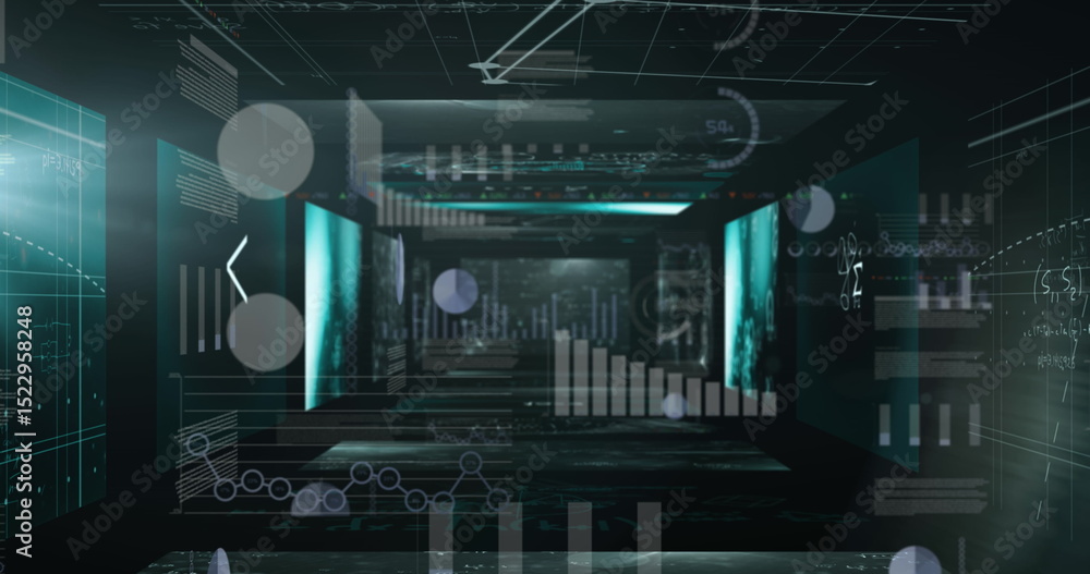 Poster image of statistics and data processing on screens over dark background