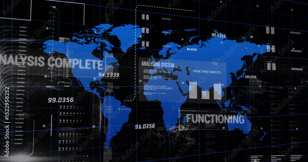 Poster image of graphs, data and world map on black digital screen
