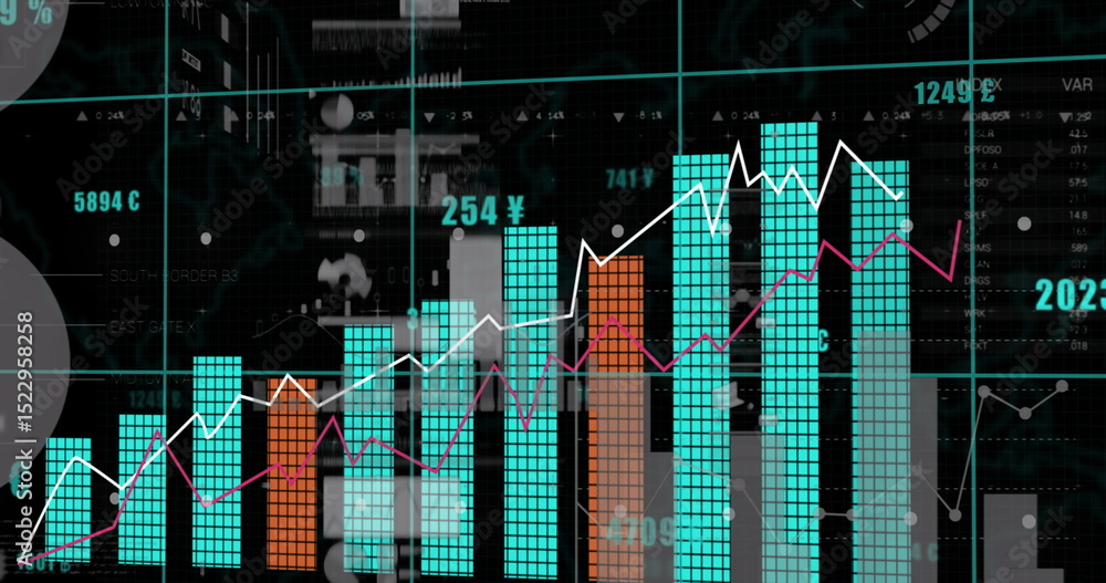 Poster image of graphs, data and numbers on black digital screen