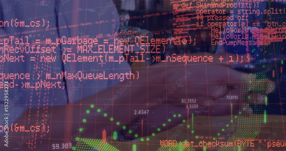 Poster image of digital programming data, grid pattern and line graph over man taking coffee at cafe