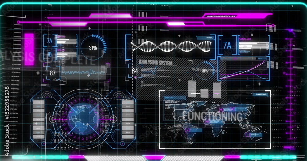 Poster image of graphical infographic interface with analyzing system, functioning, analysis complete