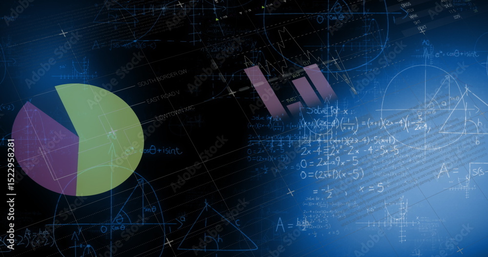 Poster image of graphs, data and world map on black digital screen