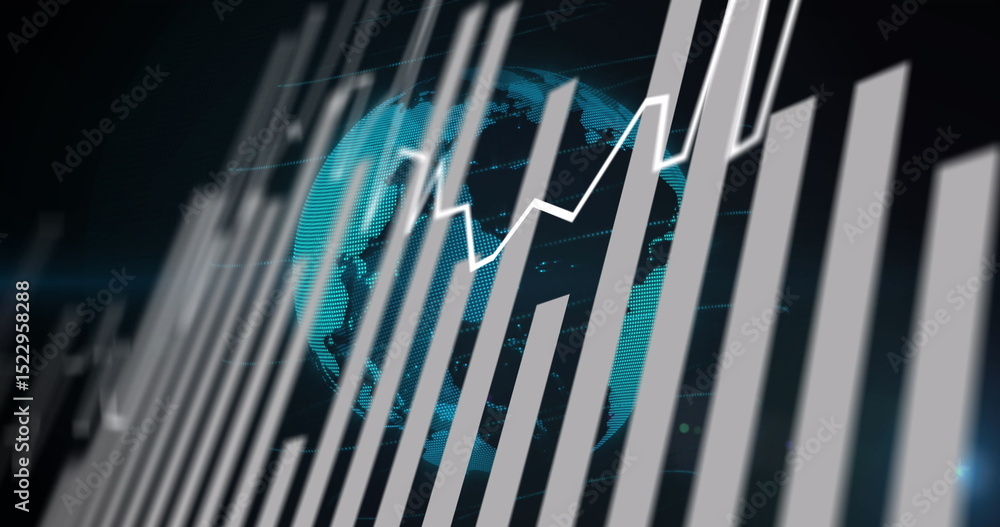 Poster image of graphs and globe on black background