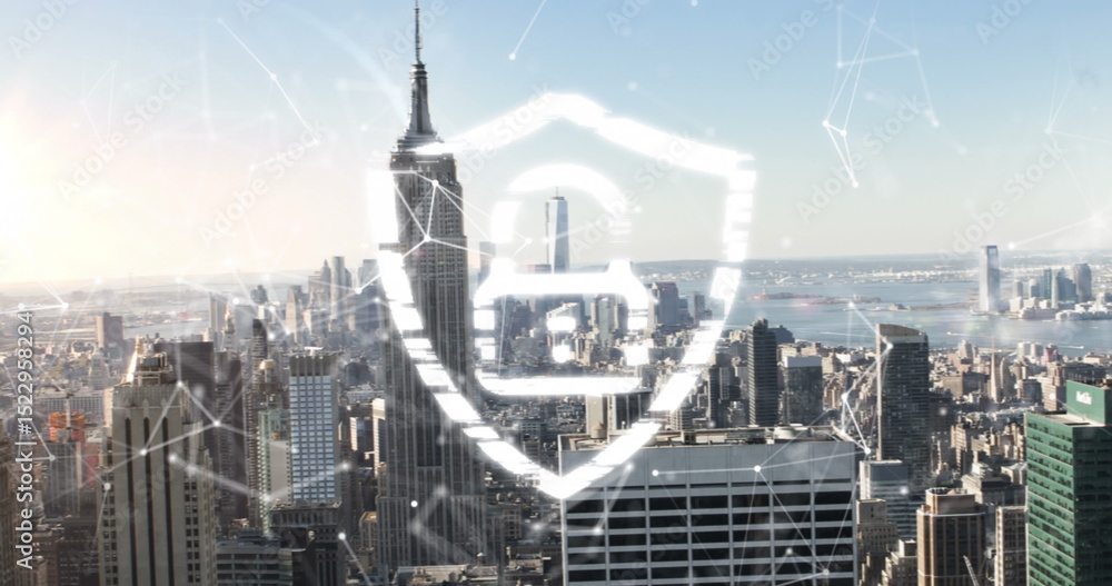 Poster image of shield padlock and moving digital lines and dots connections over modern cityscape