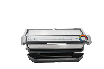 Closed grill with grill plates and interface isolated on white background. High-quality electric grill for smart cooking.