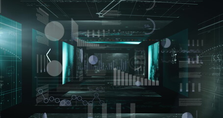 Image of statistics and data processing on screens over dark background
