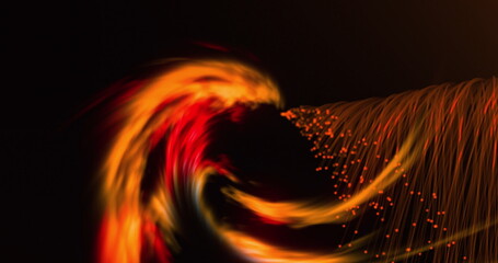 Image of glowing orange light trails moving on back background