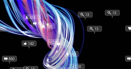 Image of social media reactions over pink and blue lines on black background