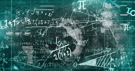 Image of mathematical equations and data processing on green background