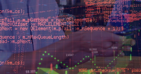 Image of digital programming data, grid pattern and line graph over man taking coffee at cafe