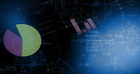 Image of graphs, data and world map on black digital screen