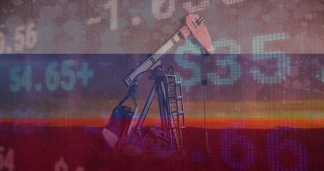 Image of pump jacks and financial data over flag of russia