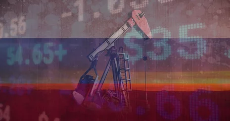 Image of pump jacks and financial data over flag of russia